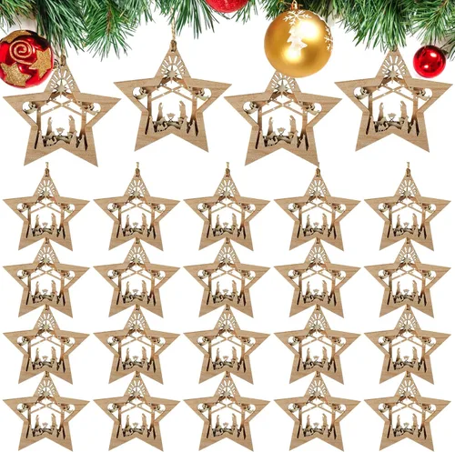 Miniatura 15 de Blulu Juego de 4 piezas de adornos navideños de escena de la natividad, set de regalo a granel, adorno colgante de madera cristiano 3D para árbol