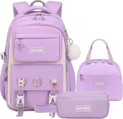 Miniatura 11 de AO ALI VICTORY Mochila para mujeres y niñas, conjunto con estuche para lápices de 15.6 pulgadas, mochila escolar para computadora portátil, mochila