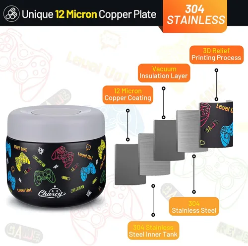 Miniatura 2 de Charcy Tarro de comida aislado de acero inoxidable para niños, termo de sopa de boca ancha a prueba de fugas, juego de recipientes para 8 horas