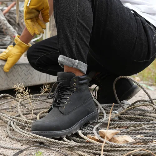 Miniatura 2 de Botas de trabajo para hombre, impermeables, con puntera suave, antideslizantes, cómodas, botas de trabajo de cuero Negro-impermeable