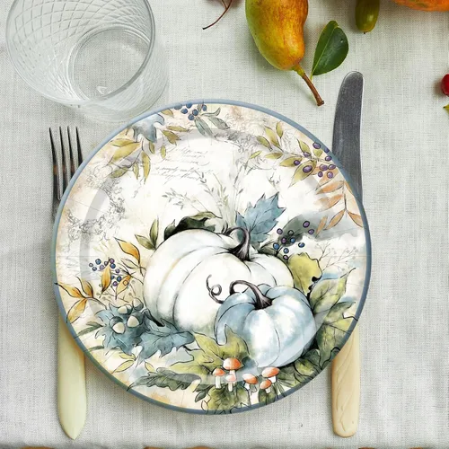 Miniatura 4 de AnyDesign 40 platos de papel de otoño, platos redondos desechables de calabaza verde azulado retro de 9 pulgadas, plato de postre para otoño