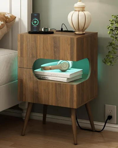 Miniatura 13 de JOONEE Mesita de noche negra con estación de carga y luces LED, moderna mesita de noche con 2 cajones de almacenamiento, mesita de noche con patas