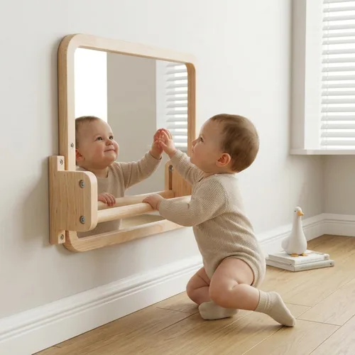 Miniatura 6 de Woodtoe Espejo Montessori con barra, juguetes ajustables para bebés, marco de madera maciza sin pintar natural y barra de dominadas para bebés