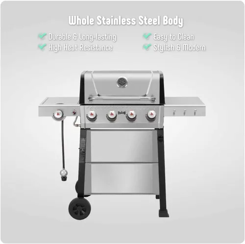 Miniatura 7 de Feasto Parrilla de gas con quemadores 4+1 totalmente de acero inoxidable, parrilla de propano para exteriores con cuerpo de cámara recubierto