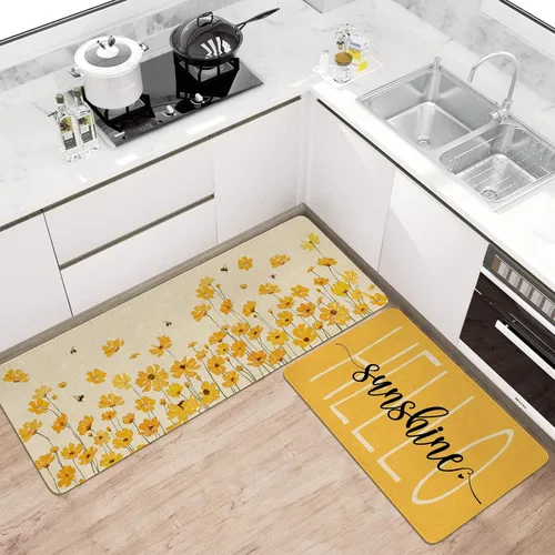 Miniatura 2 de Juego de 2 alfombras y tapetes de cocina de granja de primavera y verano, diseño floral de Hello Sunshine, antideslizante, lavable