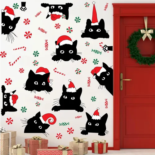 Miniatura 8 de Adhesivos de ventana de Navidad para ventana de Navidad, gato negro y menta, calcomanías de pared para decoración de ventanas de tienda de vidrio