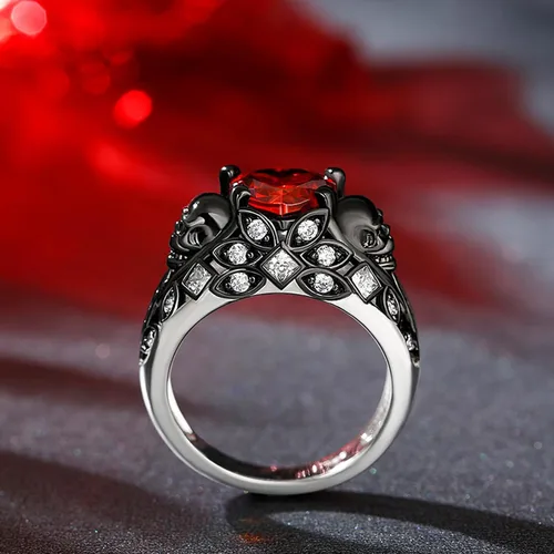 Miniatura 3 de Jeulia Juego de anillos de compromiso de calavera de 2.55 quilates, plata de ley, corte de corazón, diamantes rojos, anillos de rubí, circonita