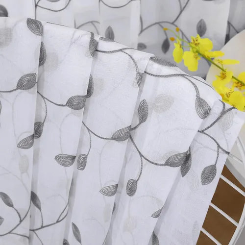 Miniatura 7 de Tollpiz Cortinas Cortas Transparentes de Hojas con Bordado de Hojas Grises, Cortinas de Dormitorio con Bolsillo para Barra, Voile de Lino Sintético
