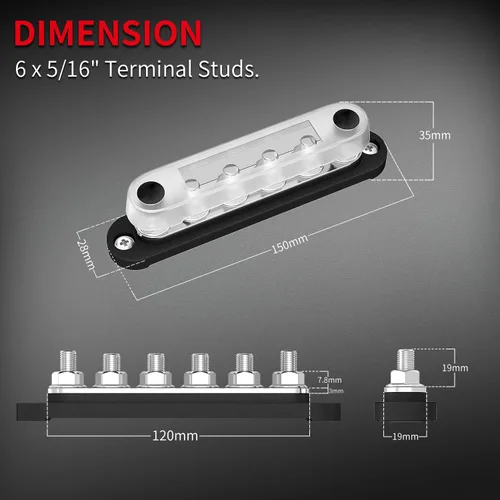 Miniatura 3 de DAIERTEK Barra colectora de 12 V, 6 x 5/16" (M8) terminales de perno, bloque de distribución de energía de 12 voltios con tapa, barra colectora