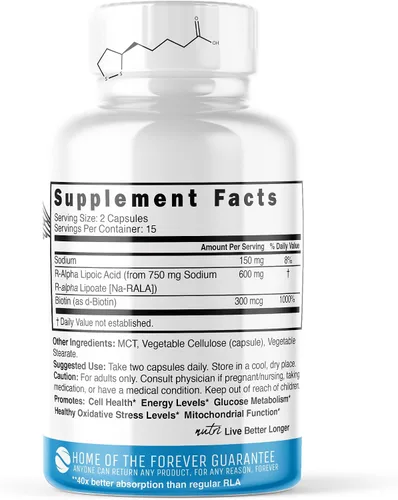 Miniatura 2 de Nutri R Ácido alfa lipoico 600mg Cápsulas - Ácido lipoico R estabilizado con biotina - Forma activa de R-ALA - Dosis clínica de 600 mg - Potente