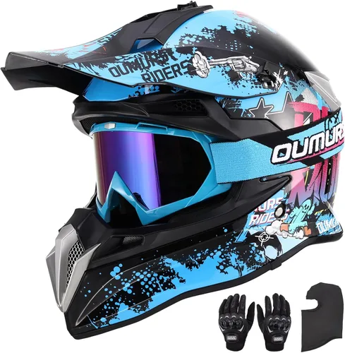 OUMURS DOT Casco de Dirt Bike para Adultos con Gafas, Guantes y Máscara, Visera Solar Ajustable, Casco de Motocicleta ATV Todoterreno Motocross