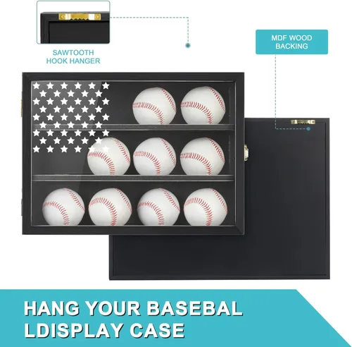 Miniatura 5 de Vitrina de béisbol retro con capacidad para 12 bolas, caja de almacenamiento de béisbol de 11 x 16 pulgadas con vidrio acrílico HD, soporte de pared