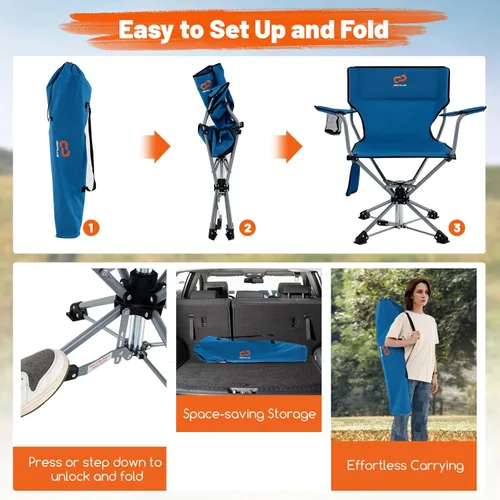 Miniatura 7 de Goplus Silla de caza giratoria de 360°, silla ciega plegable para adultos con portavasos y bolsa de transporte, sillas de camping ligeras y Azul