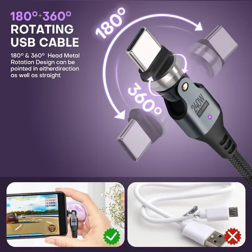 Miniatura 2 de Cable USB tipo C a C PD de 240 W (1 paquete de 3.3 pies) USB2.0 480MBPS y cable de transferencia de datos de rotación de 180° y 360°, cable de carga