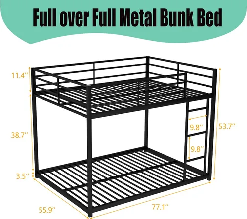 Miniatura 2 de Literas de metal de tamaño matrimonial sobre matrimonial, litera baja de metal con escalera para niños, adolescentes y adultos, marco de cama