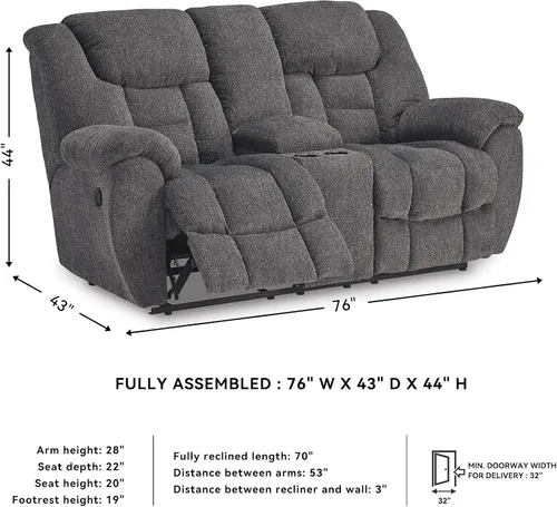 Miniatura 3 de Signature Design by Ashley Foreside - Sofá biplaza reclinable manual resistente a las manchas con consola, almacenamiento y portavasos, color gris