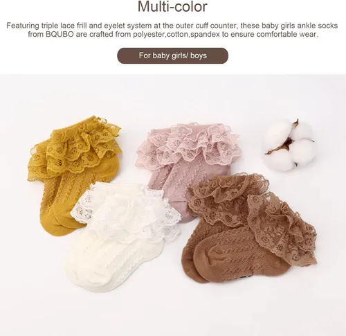 Miniatura 8 de DRESHOW BQUBO Baby Girls Socks Eyelet Ruffle Lace Socks Cute Frilly Socks NewbornInfantToddlers Thin Socks Dress Socks