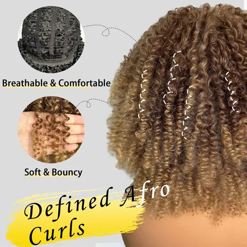 Miniatura 3 de SOKU Peluca de cabello corto rizado para mujeres negras, peluca corta rizada con flequillo, 10 pulgadas, rubia, resistente al calor, para mujer