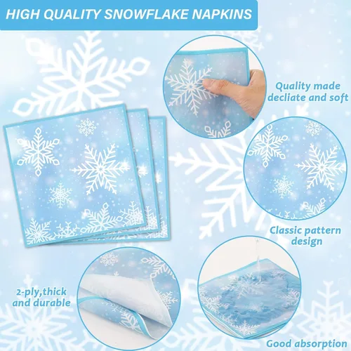Miniatura 4 de Sirve 24 platos de papel de copo de nieve de Navidad, servilletas de almuerzo azul de nieve de invierno, juego de vajilla desechable de copo