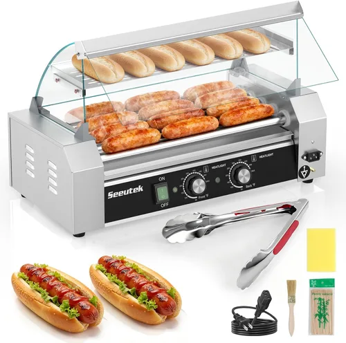 Seeutek Rodillo para perros calientes, 5 rodillos, 18 perros calientes, capacidad de 1100 W, tostadora de perros calientes, máquina de perros
