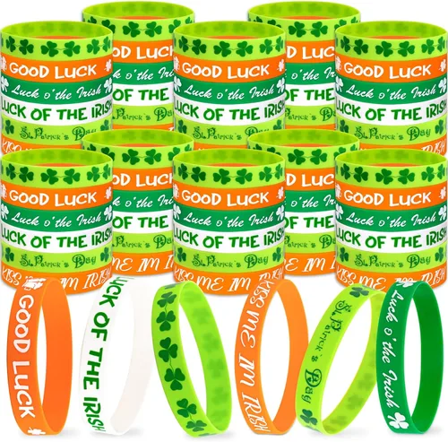 Miniatura 5 de Moon Boat 74 pulseras de goma con trébol del día de San Patricio, suministros de fiesta, decoraciones de regalos