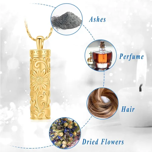 Miniatura 59 de Collar de urna de girasol para cenizas, collar de barra cilíndrica para cenizas para mujer, colgante de recuerdo para cenizas, joyería de cremación