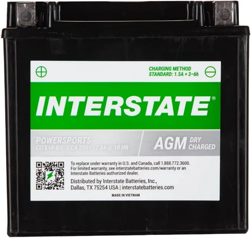 Interstate Batteries YTX14-BS - Batería de 12 V y 12 Ah para deportes motorizados, 200CCA AGM, repuesto recargable para motocicletas, cuatrimotos,