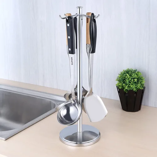Miniatura 7 de Soporte para utensilios de cocina de acero inoxidable giratorio con 8 ganchos giratorios, organizador colgante para cuchara, espátula, cucharón