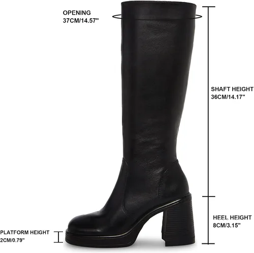 Miniatura 2 de SOVANYOU Botas de cuero negro con plataforma para mujer, botas de tacón grueso con punta cuadrada