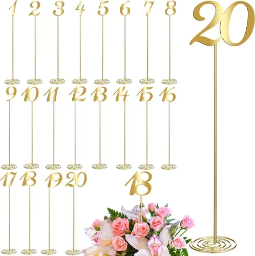 Miniatura 9 de Therwen 20 piezas Números de mesa de metal 1-20 Números de mesa para recepción de boda Figura de escritorio de acero inoxidable de 30 cm con base