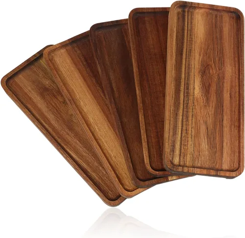 Miniatura 8 de GNIEMCKIN Bandeja de madera para servir, 13.8 x 5.1 pulgadas, juego de 4, bandeja de madera de acacia, perfecta para servir embutidos, postres