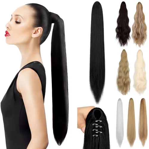 Miniatura 9 de Extensión de cola de caballo de 22 pulgadas y 24 pulgadas de largo, ondulado y lacio, extensiones de cabello sintético de aspecto natural