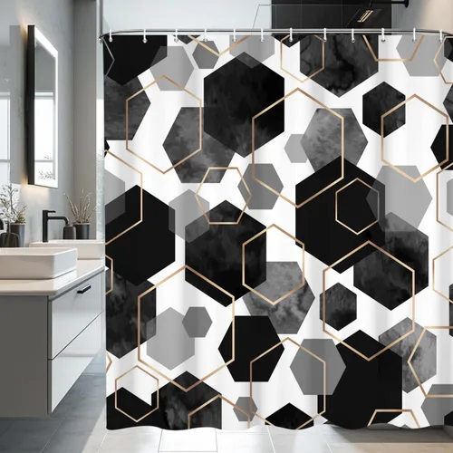 deFouliao - Cortina de ducha negra moderna con diseño geométrico abstracto en cuadrícula para baño, conjuntos de cortinas de baño para bañera,