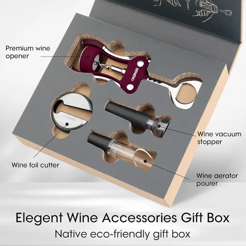 Miniatura 2 de Beneno Juego de regalo multifuncional para abrebotellas de vino, sacacorchos de ala, cortador de lámina, tapón al vacío y vertedor aireador, Rojo