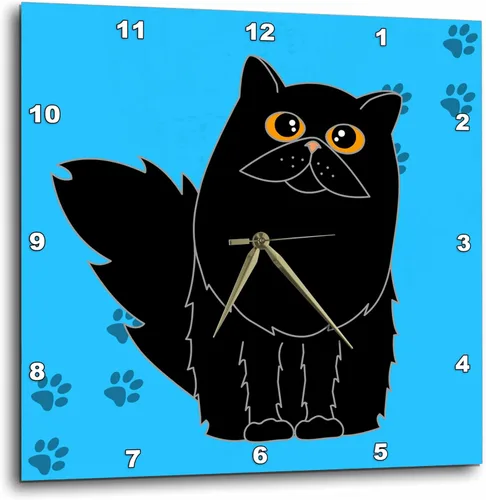 3dRose DPP_6109_1 - Reloj de pared, de pelo largo, color negro, gato persa con estampado de patas, 10 x 10 pulgadas