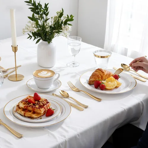 Miniatura 7 de WDF Partyware Juego de vajilla dorada de 350 piezas para 50 invitados, platos de plástico dorado con cubiertos desechables, 50 platos de cena, 50