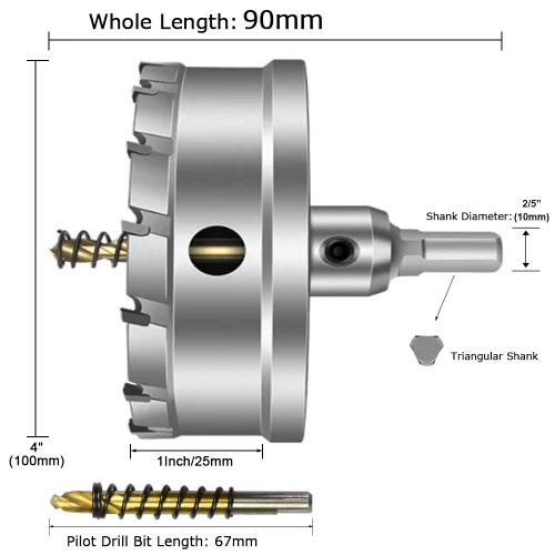 Miniatura 4 de ASNOMY Broca de sierra con punta de carburo de tungsteno para metal duro, cortador de sierra de agujero T.C.T de 4 pulgadas con 2 brocas piloto