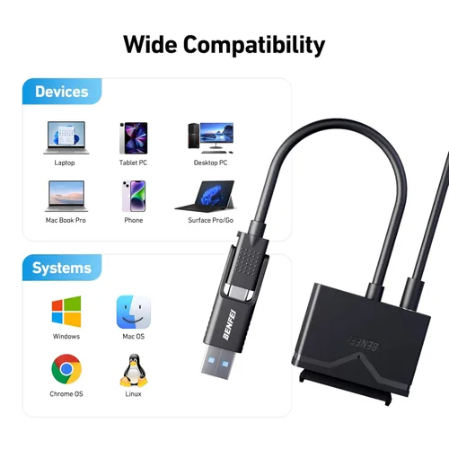 Miniatura 6 de BENFEI Cable SATA a USB 3.0, adaptador de disco duro USB 3.0 a SATA III compatible con disco duro HDD/SSD de 2.5 de 3.5 pulgadas con adaptador