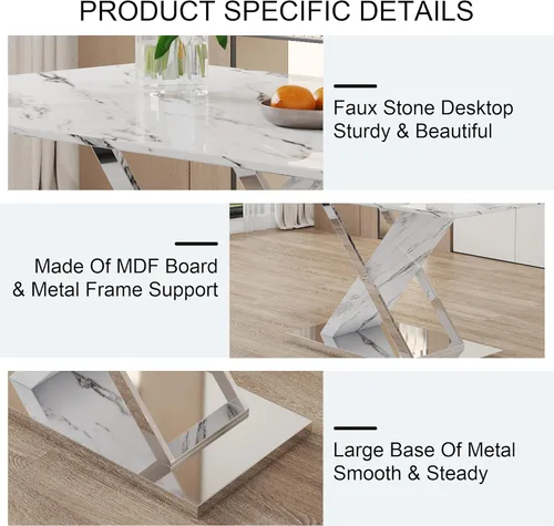 Miniatura 7 de Juego de mesa de comedor de mármol para mesa rectangular blanca de 4.63 pulgadas con marco de metal plateado en forma de X y 4 sillas de comedor