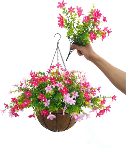Miniatura 4 de Cesta colgante de cadena grande de 12 pulgadas para el hogar, boda, fiesta, porche, jardín, cadena colgante, magnolias artificiales de seda (rojo)