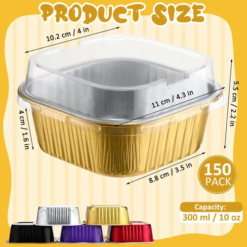 Miniatura 2 de Aoriher 150 piezas de moldes mini para pasteles de 10 onzas con tapas, tazas de horneado de papel de aluminio cuadradas desechables de 4" x 4