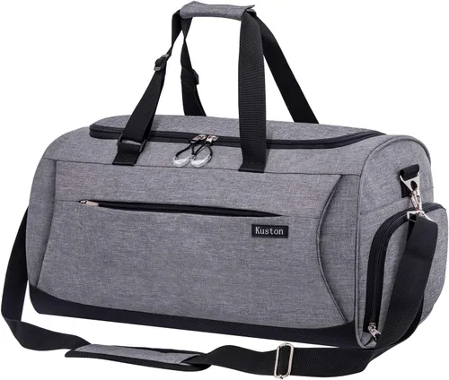 Kuston Bolsa de gimnasio deportiva con compartimento para zapatos y bolsillo húmedo, bolsa de lona para gimnasio para hombres y mujeres, Gris