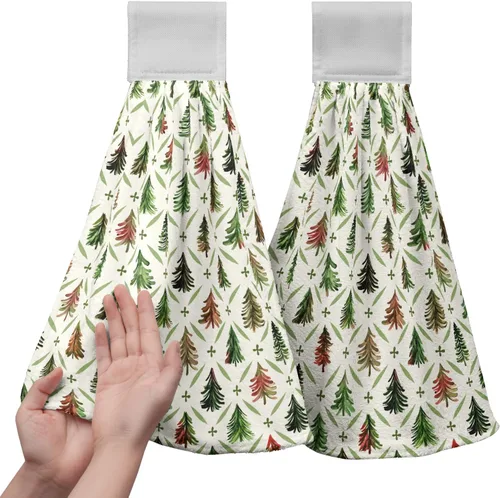 Miniatura 9 de Juego de 2 toallas de cocina colgantes de hojas tropicales de verano, color verde, hojas de palmera, con bucles para colgar, suaves y absorbentes