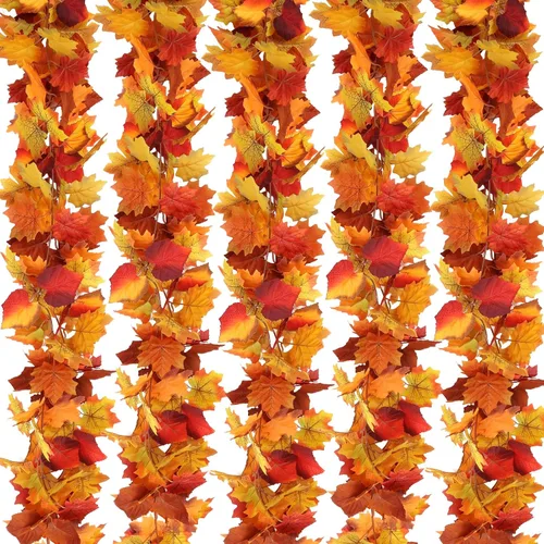 joyhalo Paquete de 5 guirnaldas de hojas de otoño para el hogar, guirnalda de hojas de arce, vid al aire libre, decoración de otoño para porche,