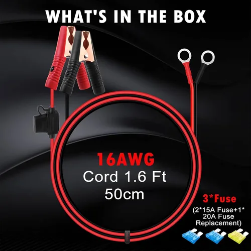 Miniatura 6 de CUZEC Cable de extensión de 16 AWG con abrazadera de batería de 12 V/24 V clip de batería para inversor de alta potencia y más (1.6 pies de largo)