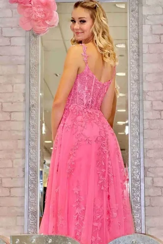 Miniatura 6 de Vestidos de fiesta con tirantes delgados para mujer, apliques de encaje, hombros descubiertos, tul sexy, dividido, largo, formal, vestidos de fiesta
