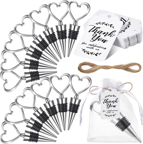 Juego de 100 tapones de vino en forma de corazón, regalo de boda para invitados, tapón de botella de vino con bolsas de organza y etiquetas, tapón