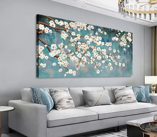 Shoci Arte de pared de árbol de flores, lienzo grande de ramas florales blancas y marrones para sala de estar, pintura rústica, verde azulado,