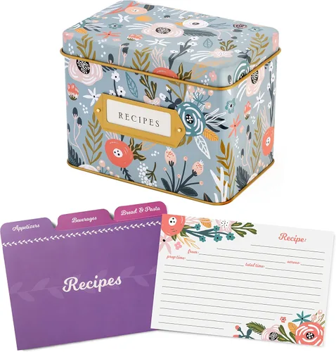 Miniatura 10 de Jot & Mark Caja de regalo para tarjetas de recetas, 50 tarjetas de 4 x 6 pulgadas, 14 divisores, caja de lata decorativa, patrón floral