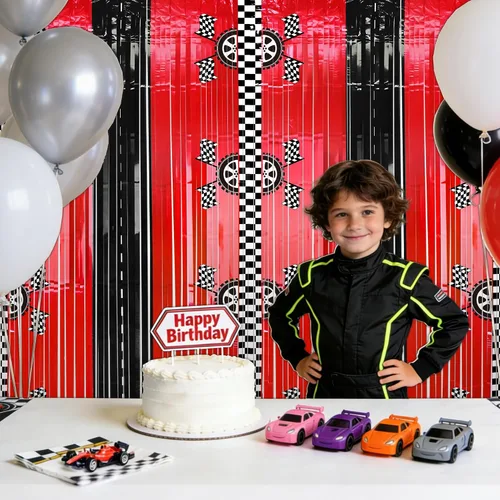 Miniatura 5 de 2 cortinas de fondo de aluminio con flecos de automóvil de carreras, decoración de fiesta de cumpleaños de coche de carreras, fondo de fotos negro